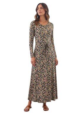 Boden Jersey Knit Black Floral Long Sleeve Tie Waist Maxi Dress